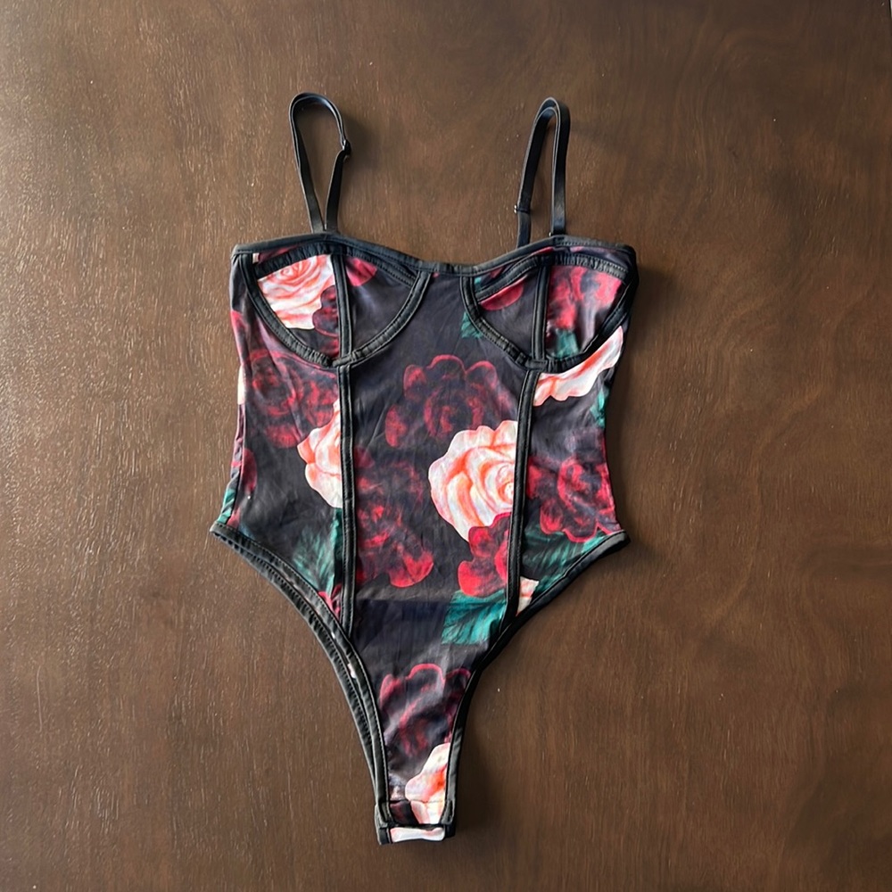 Black Floral Bodysuit Sheer